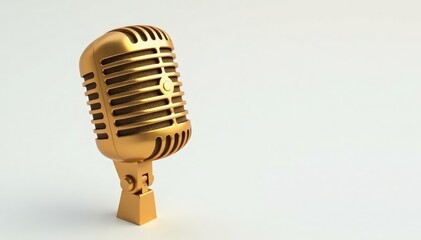 Fototapeta premium Close-up of a single gold microphone on white background, texture, microphone close up, retro