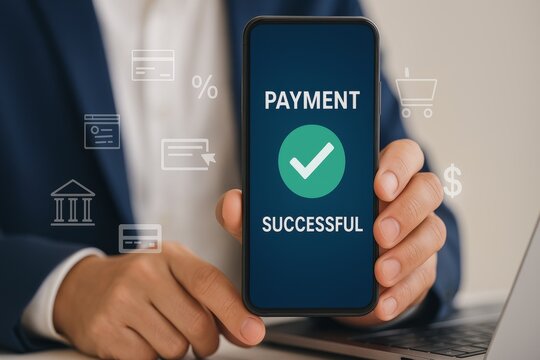 Secure Payment Confirmation: A professional in a suit holds a smartphone, displaying a successful payment confirmation screen. The scene signifies ease of use and efficient online transactions.
