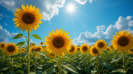 Obraz premium Sunflower among sunflowders, blue sky behind, clouds precede