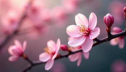Fototapeta premium Delicate pink cherry blossoms, soft petals, gentle branches , surface pattern, springtime, sakura