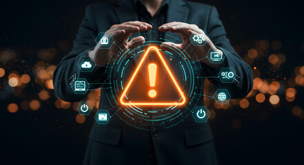 Businessman in Dark Suit Protecting Orange Warning Sign with Digital Elements and Glowing Lights in Background