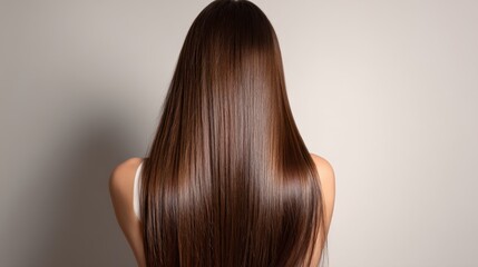 Fototapeta premium Beautiful model girl with Brown hair strand,silky healthy chestnut wavy hair strand,hair wavy ribbon, with smooth,Keratin straightening,Treatment,straight long hair,procedures,Smooth hairstyle.