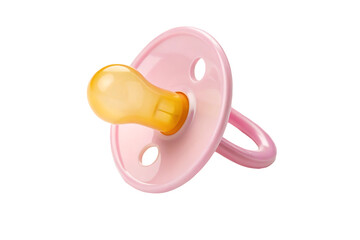 Adorable Pink Baby Pacifier with Yellow Nipple &ndash; Perfect for Newborns and Infants  isolated on white background.  Pink Baby Pacifier illustration on white