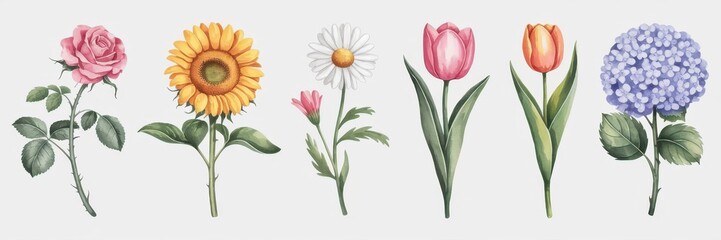 Vibrant Watercolor Floral Collection: Roses, Sunflowers, Daisies, Tulips, and Hydrangeas