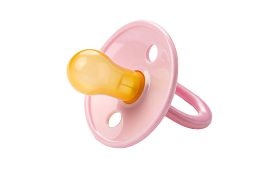 Adorable Pink Baby Pacifier with Yellow Nipple – Perfect for Newborns and Infants  isolated on white background.  Pink Baby Pacifier illustration on white
