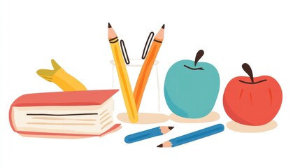 Colorful School Supplies Arrangement with Apples and Books on White Background