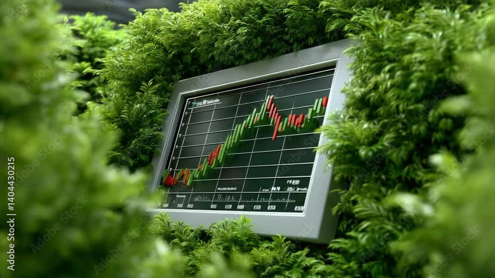 Poster green economy display: a monitor displaying a financial graph is embedded in a lush green bush, a co