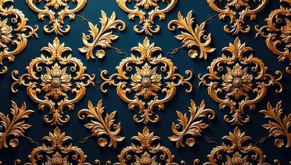 Intricate damask style floral wallpaper, gold accents , refined, subtle