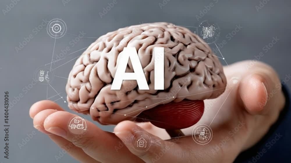 Poster ai brain: a captivating image showcasing a human hand delicately cradling a realistic brain model, i