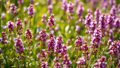 Fototapeta premium Wild thyme blossoms in vibrant summer meadow, sunlight dappled on delicate purple flowers, wildflower, purple
