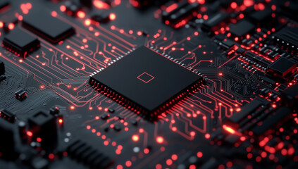 Fototapeta premium Close-Up of a Chip on a Circuit Board, with Red Glowing Lines Representing Data Flow and Technology Concepts