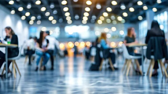 Blurred image of a bustling indoor conference hall, filled with people networking and collaborating at tables