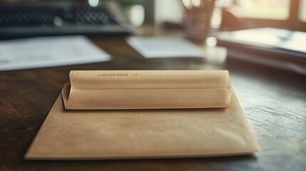 Close up branded envelope containing business invoice, showing professional correspondence, payment processing, and company identity materi 