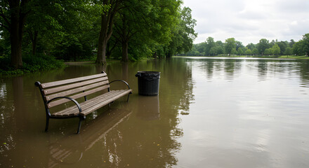 Fototapeta premium Park Bench in Floodwater Surrounded by Green Trees and Overcast Sky in Daytime