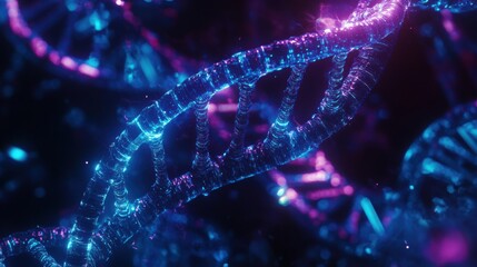 A microscopic view of genetic sequencing, featuring a neon-blue DNA helix
