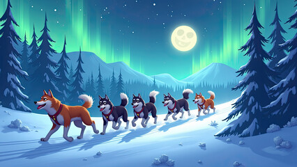 Husky dogs running on a snowy trail