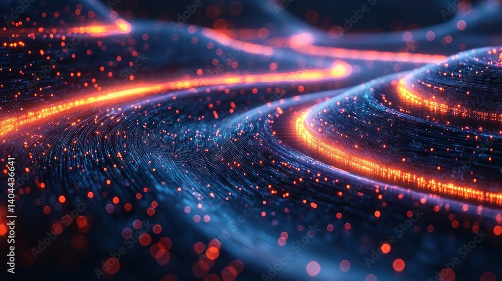 Poster abstract digital waves: glowing trails of light and data streams