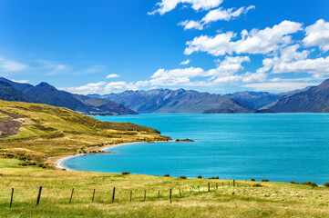 Lake Hawea and the mountains, Otago, South Island, New Zealand, Oceania.
