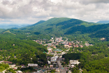 Aerial view of Boone, old historical town in North Carolina Blue Ridge Mountains. Beautiful historic American architecture