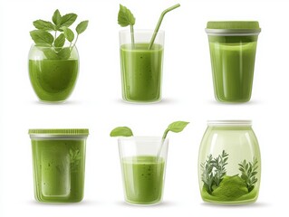 White background showcasing various healthy green smoothie beverages.