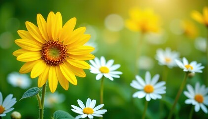 Fototapeta premium One bright yellow sunflower among white daisies, spring, flower