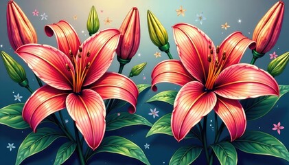 Fototapeta premium Intricate line art lilies & buds, continuous design, seamless, graphic