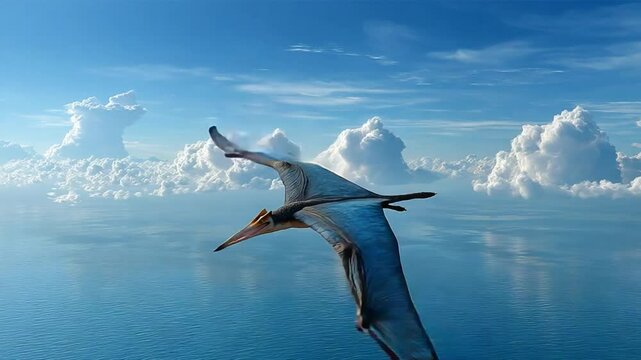 Soaring Pterosaur Amidst Cloudscape: A majestic pterosaur soars gracefully through the boundless sky, its leathery wings catching the sunlight as it glides above a serene expanse of ocean and clouds.