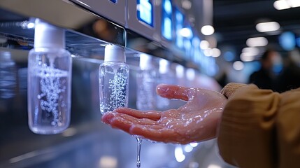 Close up hand using workplace hand sanitizer dispenser, showing hygiene habits, health safety protocols, and pandemic-era precautions  