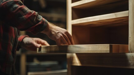 Carpenter assembling a wooden bookcase. Featuring detailed woodworking and assembly