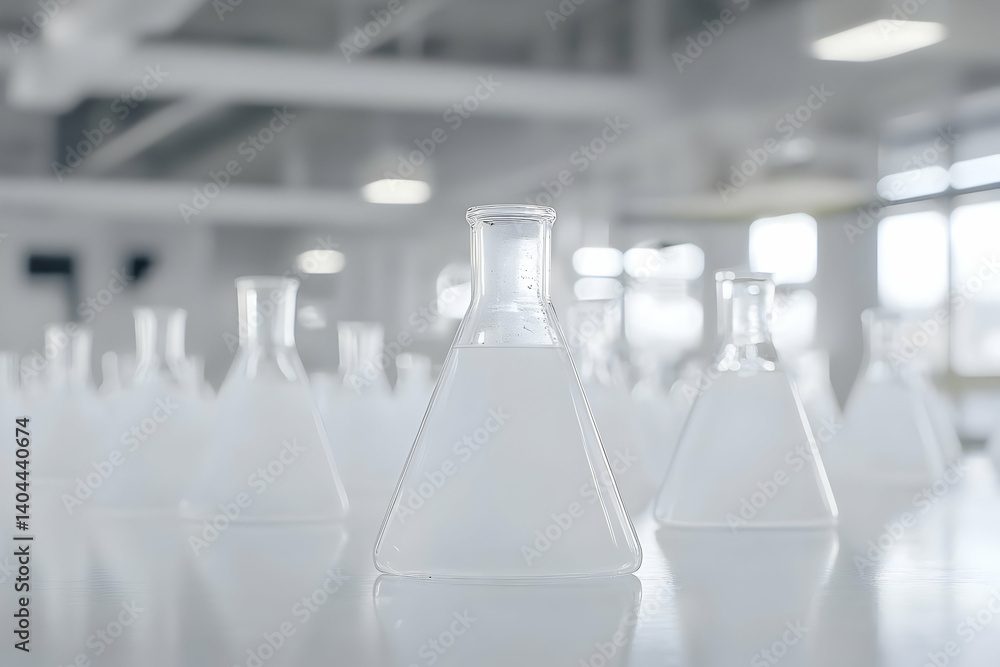 Poster laboratory erlenmeyer flasks with clear liquid in a modern setting