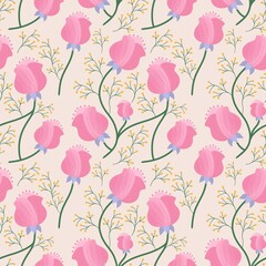 Seamless pattern petal flower garden illustration. Pink blush floral rose repat pattern background. 