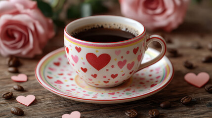 Obraz premium Heart-Themed Rainbow Coffee Cup with Roses and Pink Decor