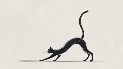 Obraz premium Elegant Black Cat Stretching Silhouette Minimalist Pet Art Graphic Design Illustration