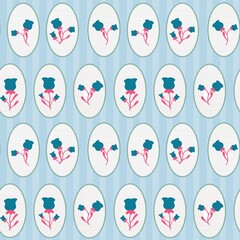 Seamless floral pattern with blue and pink flowers on striped background