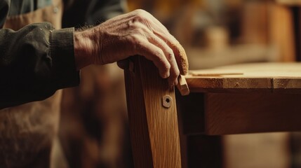 Carpenter assembling a wooden chair. Featuring furniture assembly and craftsmanship