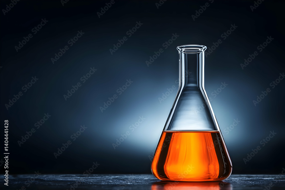 Poster illuminated erlenmeyer flask with amber liquid on dark background