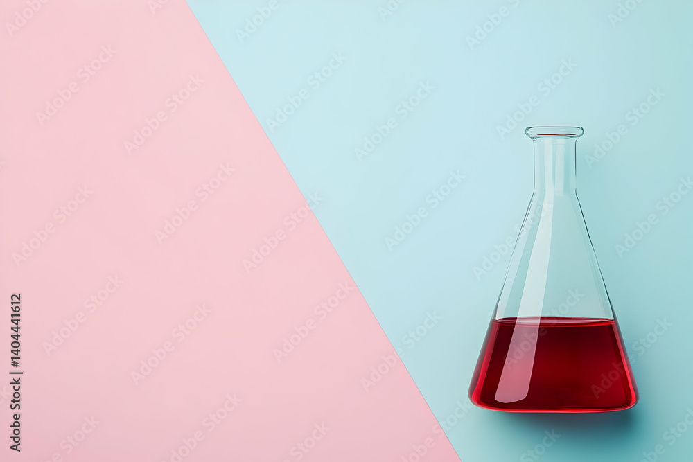 Poster pastel background with erlenmeyer flask and red liquid