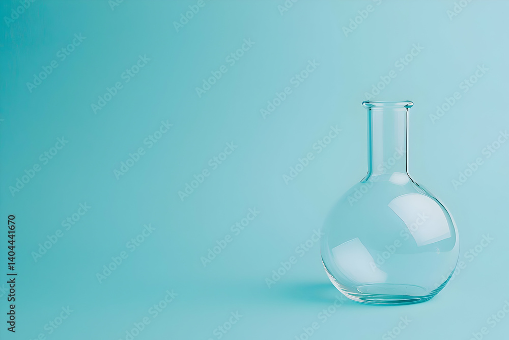 Poster empty glass flask on a light blue background for science concepts
