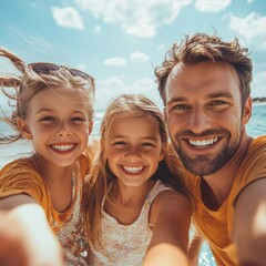 Fototapeta premium Father and daughters taking a selfie at the beach