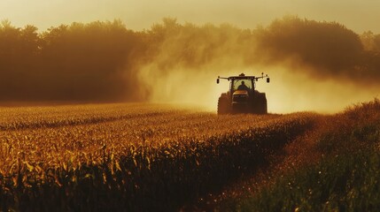 Fototapeta premium Tractor moving through cornfield, pesticide mist trailing behind, symbolizing crop care and growth