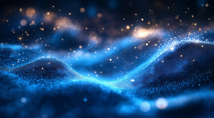 Abstract blue glowing particles with bokeh on a dark background