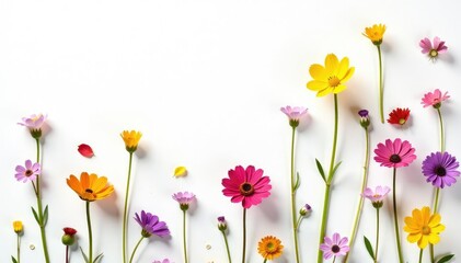 Obraz premium Delicate, scattered wildflowers on white background, plant, rustic, flower pattern