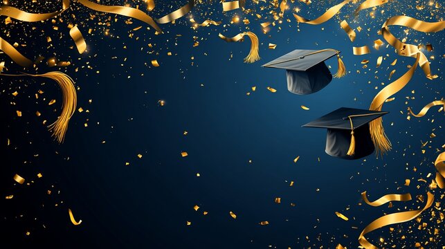Graduation Celebration, Caps and Confetti Against a Blue Sky