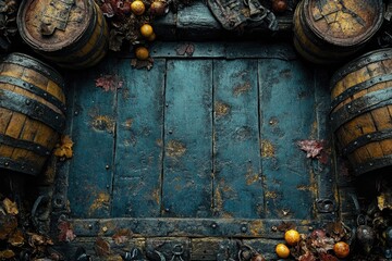 Rustic wooden backdrop with barrels, foliage, and fruit for autumn, aging, or vintage concepts
