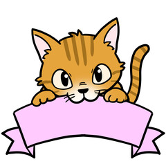 Mackerel tabby cat holding a ribbon sigh