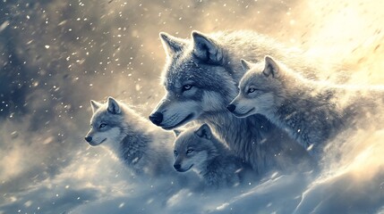 Dire wolf family winter storm protecting pups snow and wind blowing