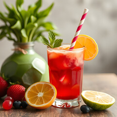 A red drink with a straw and fruit on a wooden table