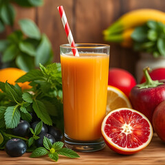 A glass of orange juice with fruit and mint on a table