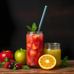 Still life of fruit drinks with apples and berries