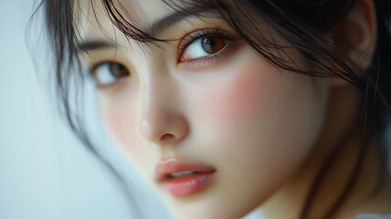 自然な美しさと透明感を持つ若い日本人女性のクローズアップポートレート｜美肌・清潔感・美容イメージ -生成AI